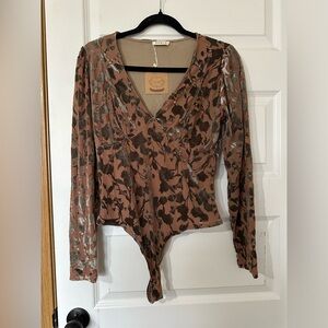 Kori tan and silver velvet burnout bodysuit